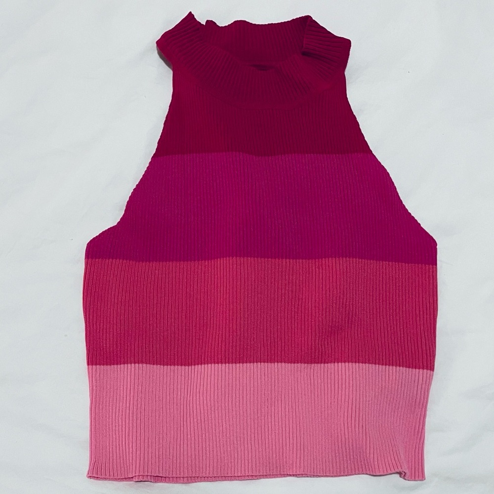 NWOT Stretchy Pink Colorblock Ribbed Halter - Picture 4 of 5